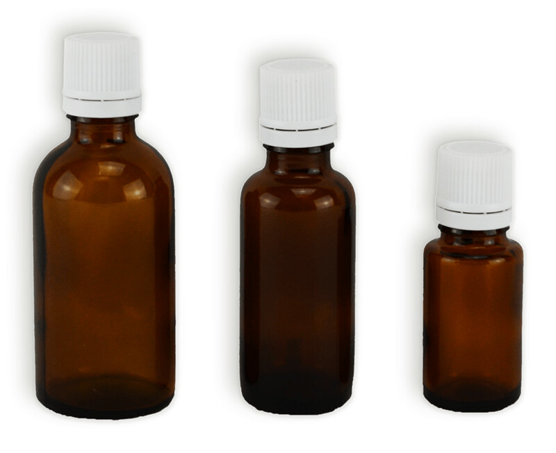 Bouteille en verre ambrée pour HE c-g Blanc inclus, 18 GL, PG et bouchon et vaporisateur.