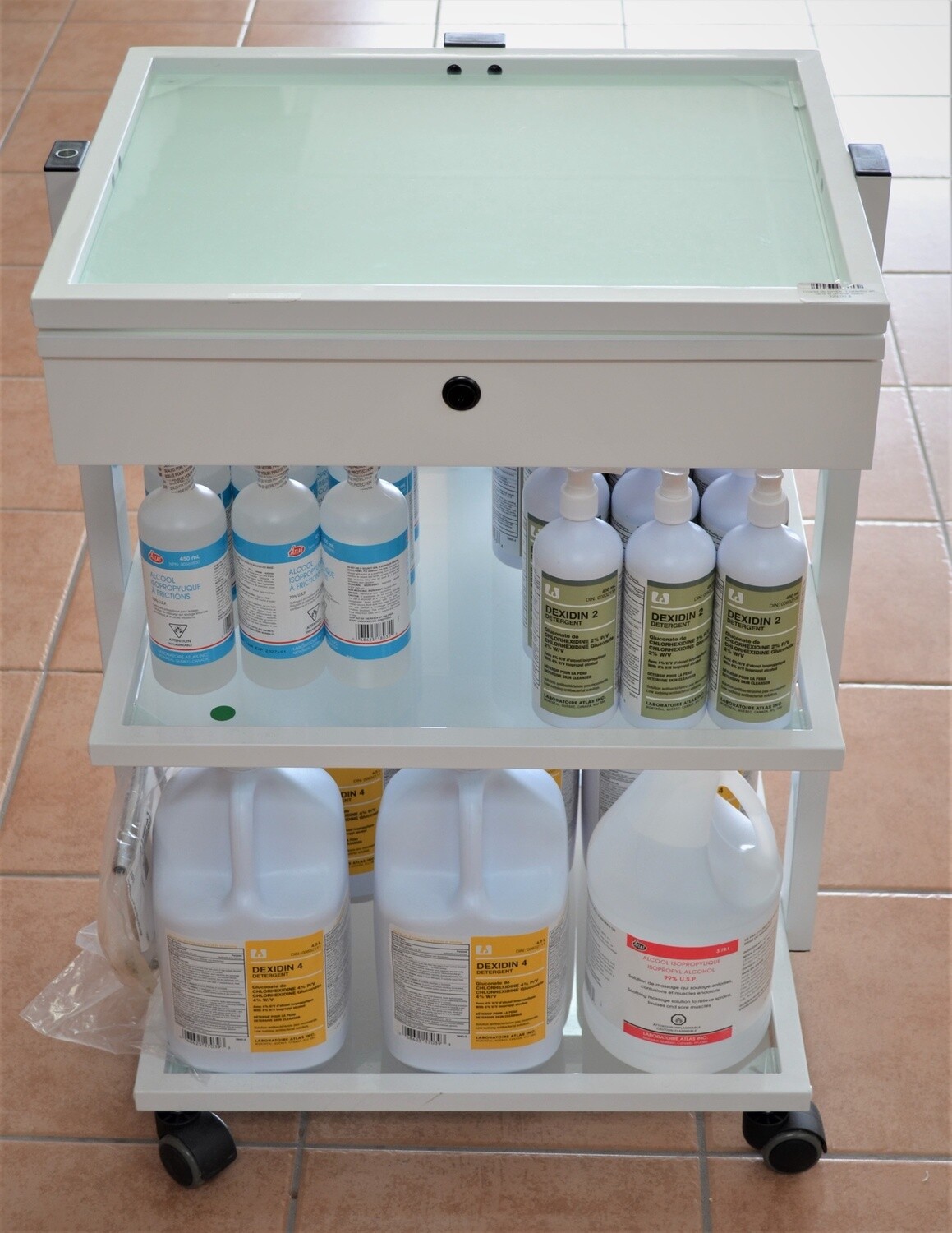 Chariot de service, 3 tablettes en verre et un tiroir. Blanc