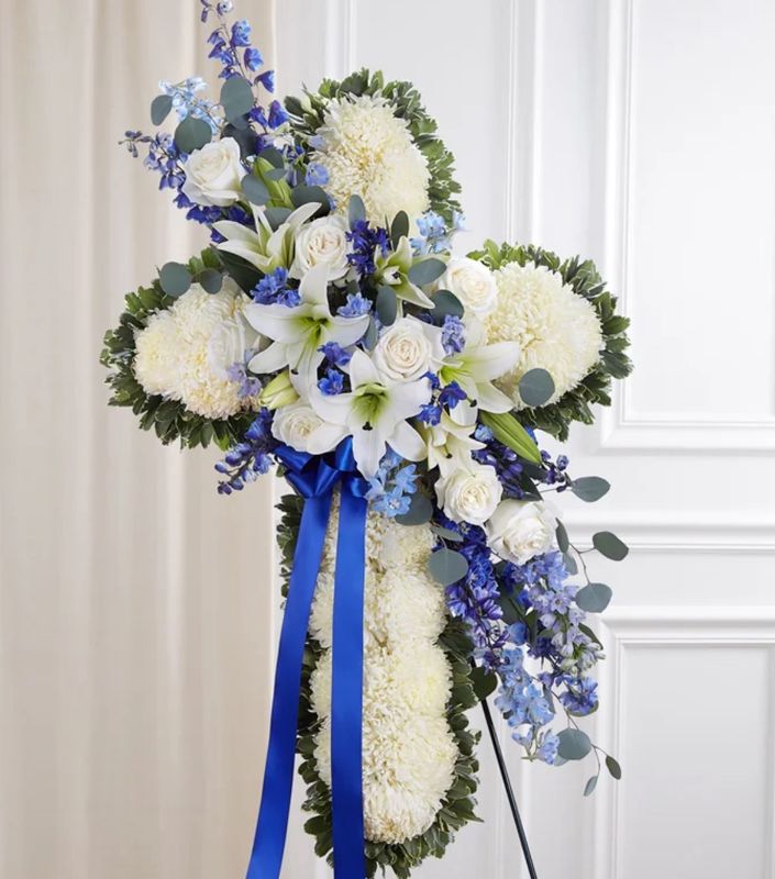 Blue and White Cross Standing Spray