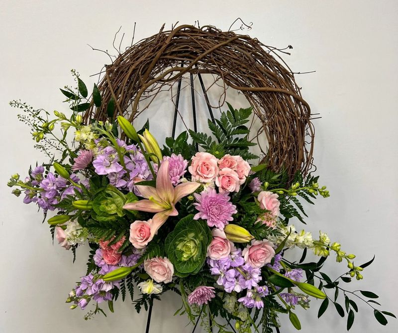 Pastel grapevine wreath standing spray
