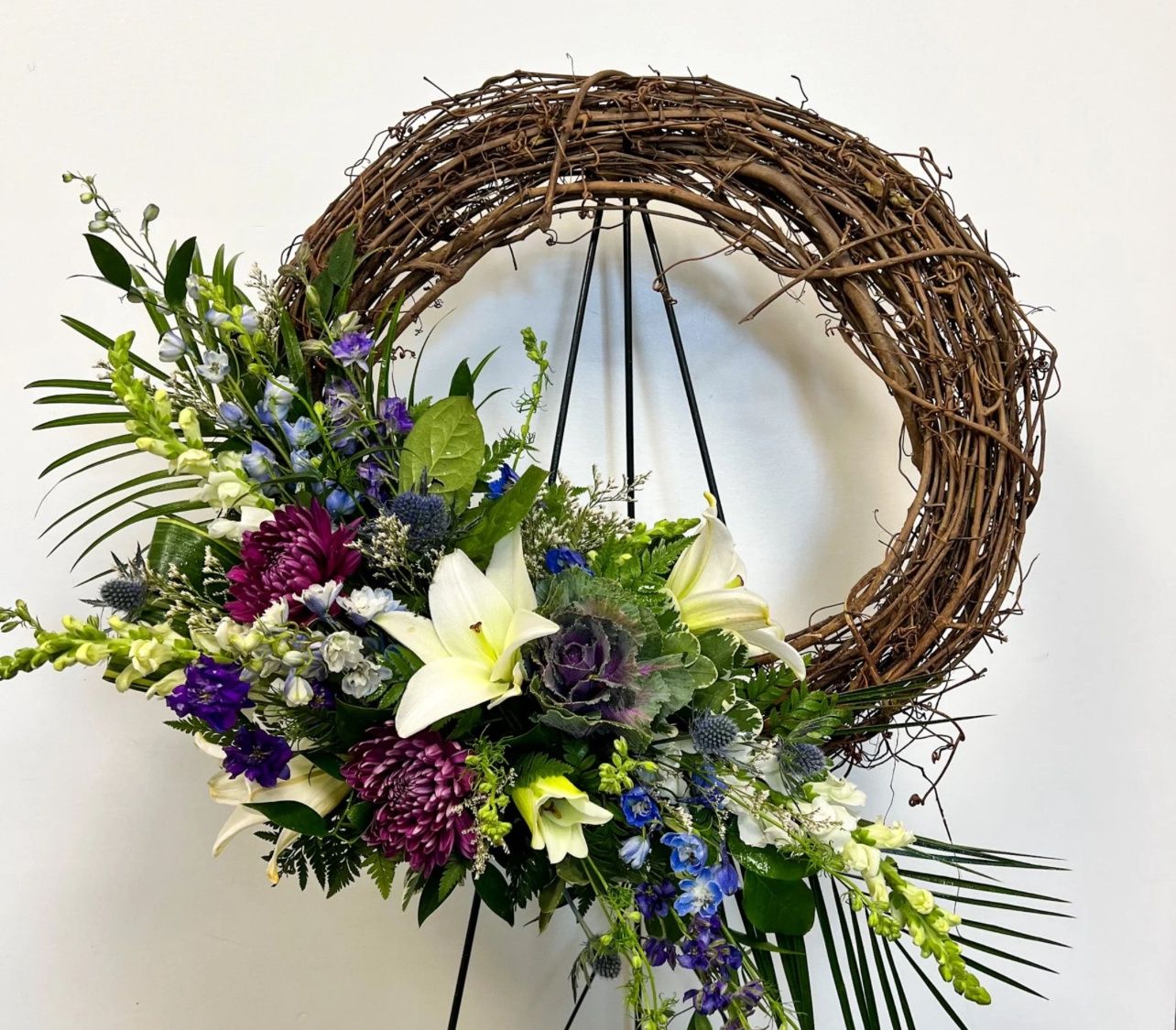 Rustic grapevine wreath standing spray
