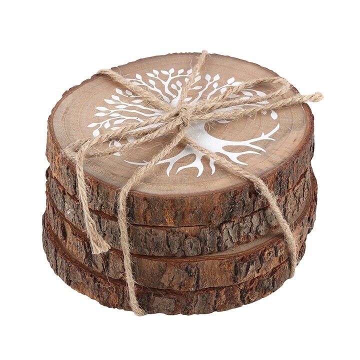 TREE OF LIFE WOOD SLICE COASTER SET