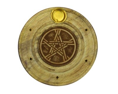 Incense Holder Wood Round Pentagram