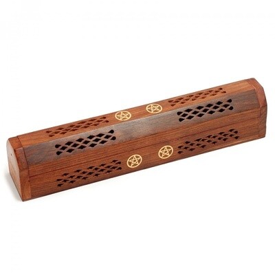 Carved Wooden Incense Box With Pentacle Brass Inlay
