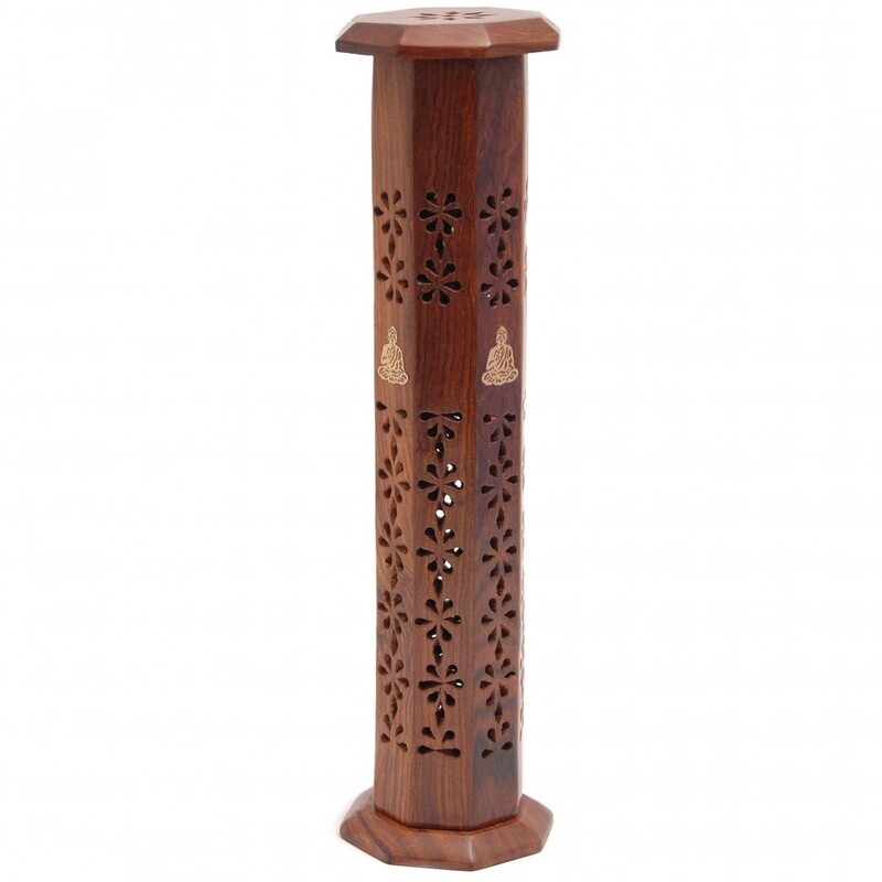 Carved Wooden Incense Tower With Brass Buddha Inlay