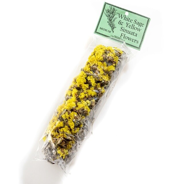 White Sage &amp; Yellow Sinuata Flowers Smudge Stick (7&quot;)