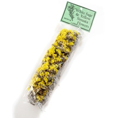 White Sage & Yellow Sinuata Flowers Smudge Stick (7")