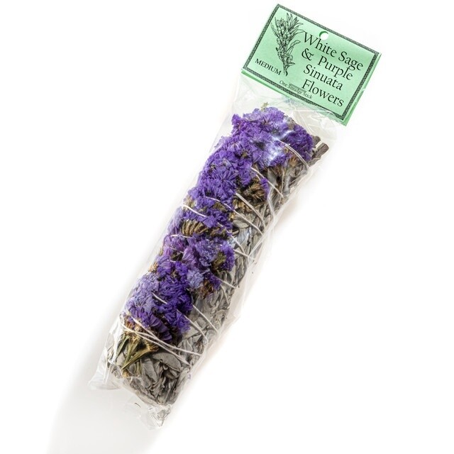 White Sage &amp; Purple Sinuata Flowers Smudge Stick (7&quot;)