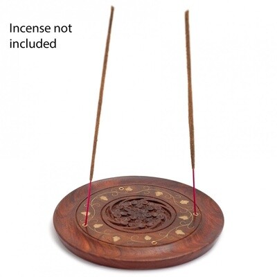 Hand Carved Circular Wooden Incense Holder With Floral Brass Inlay