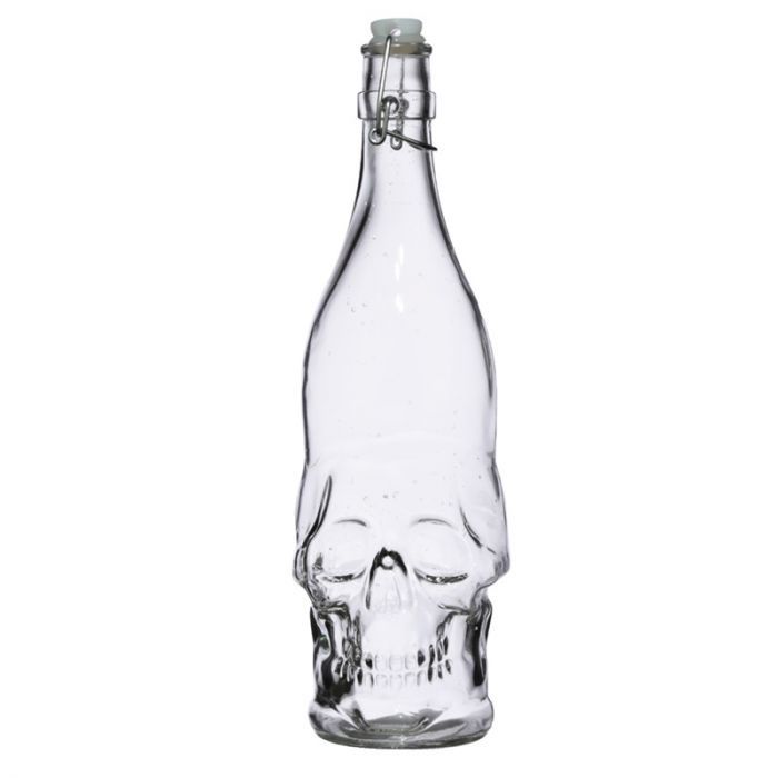 Skulls &amp; Roses Clear Glass Skull Shaped Water Bottle 1L