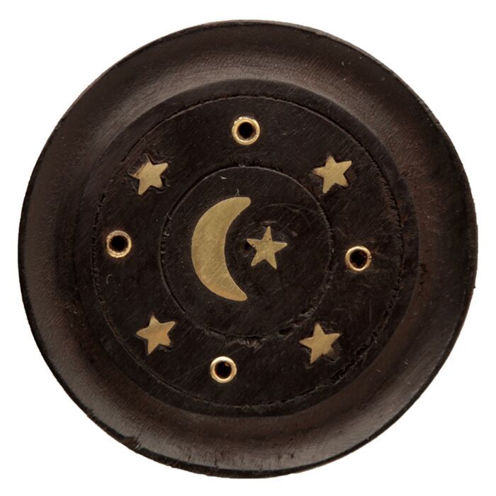 Mango Wood Moon &amp; Stars Round Black Ashcatcher Incense Burner