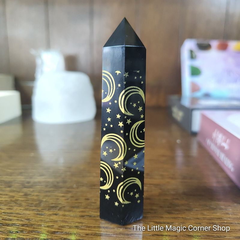 Black Obsidian Tower with Stars and Moon