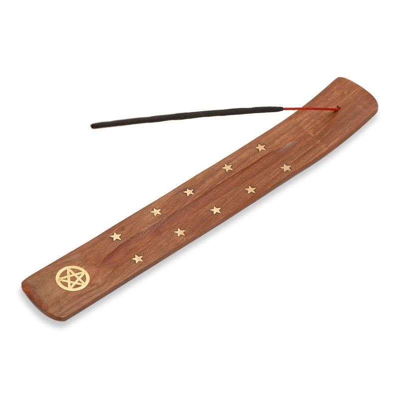 Wooden Incense Ski Holder With Brass Inlays, Design: Pentacle and Stars