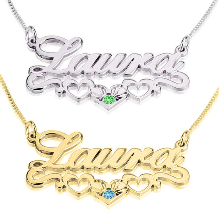 Birthstone Name Necklace with Underline Hearts