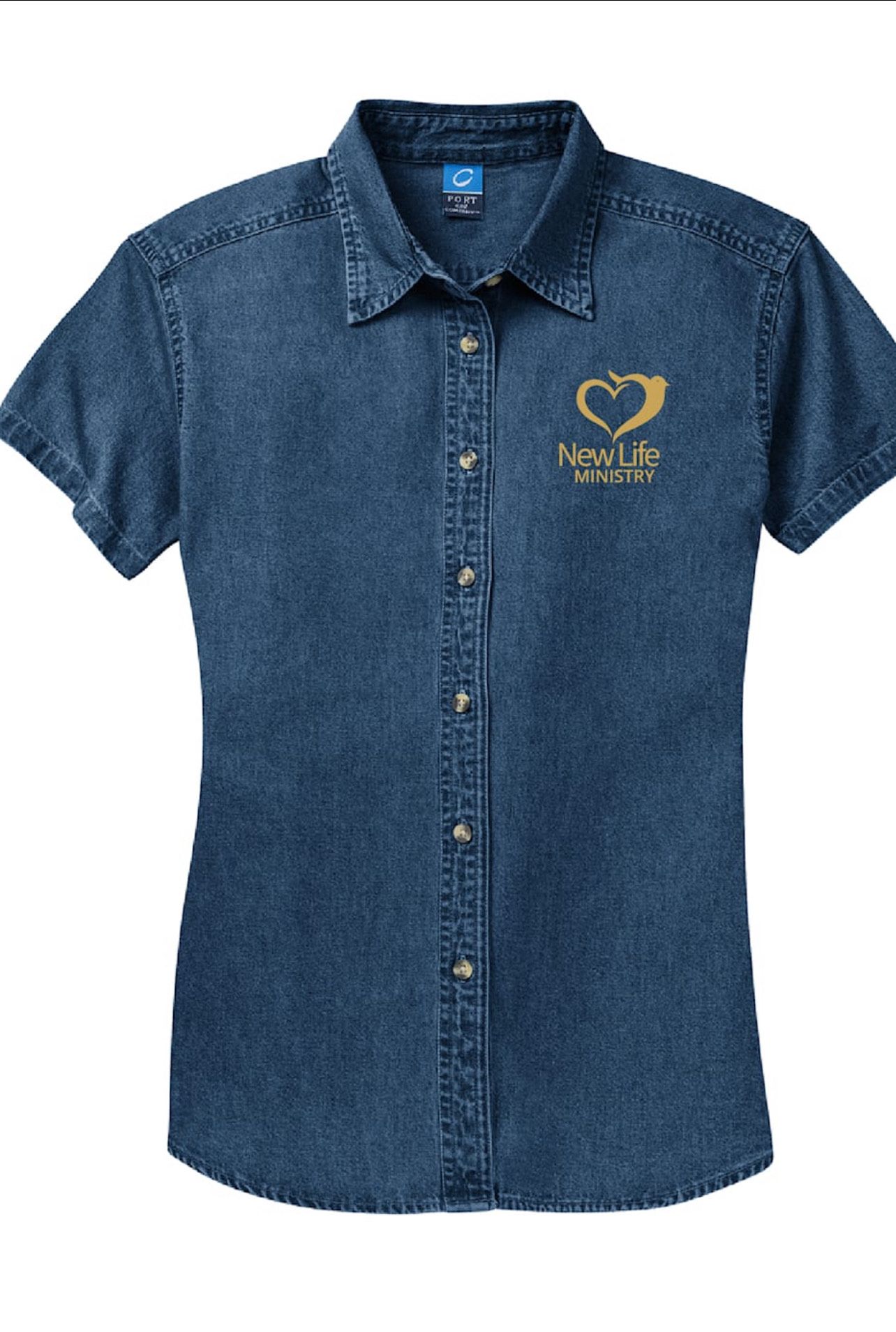Embroidered Short Sleeve Denim Shirt (WOMEN)
