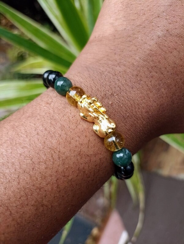 Pixui (Feng Shui) Obsidian, Citrine &amp; Moss Agate elastic bracelet