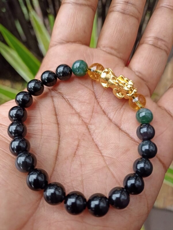 Pixui (Feng Shui) Obsidian, Citrine &amp; Moss Agate elastic bracelet
