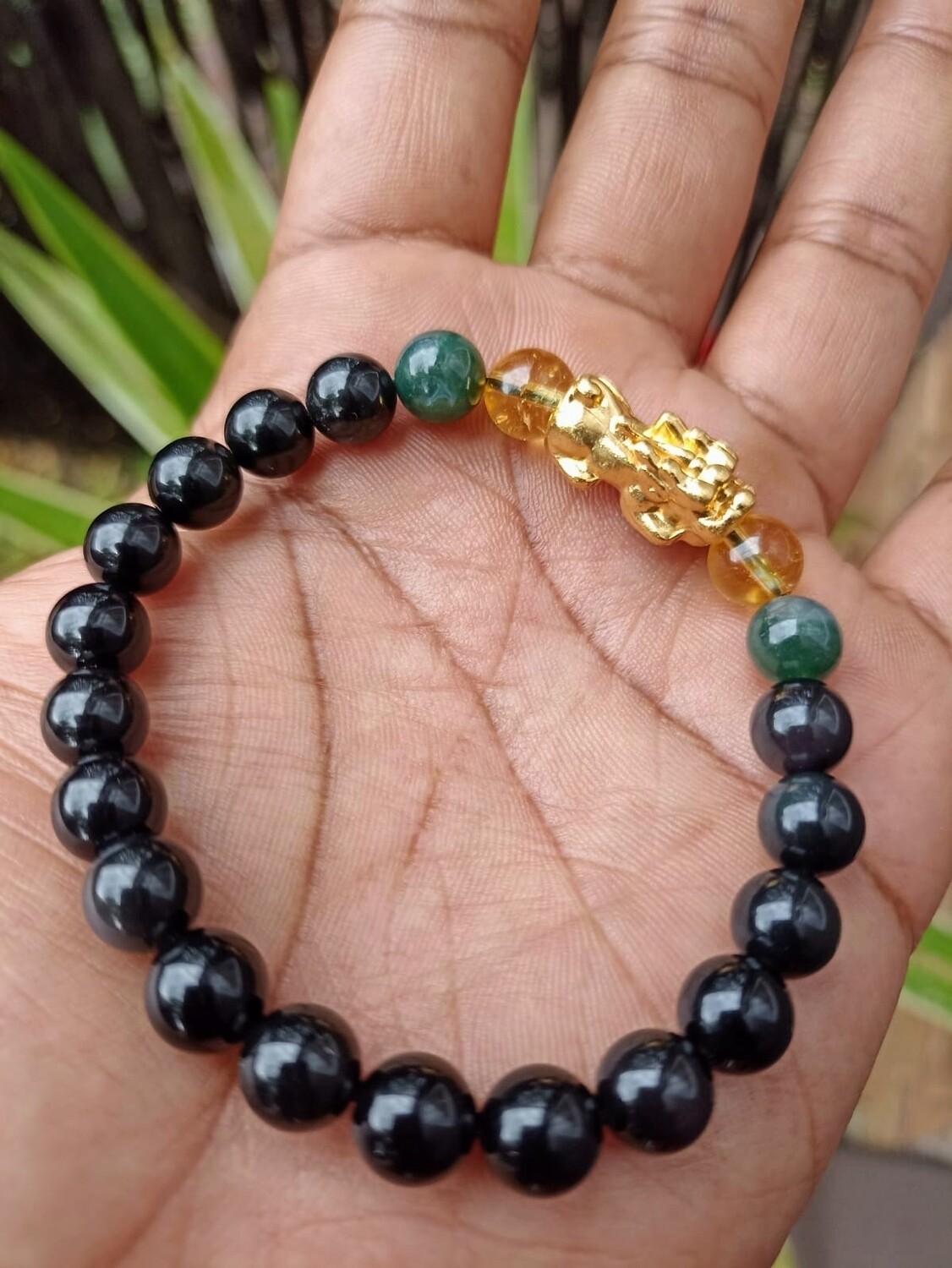 Pixui (Feng Shui) Obsidian, Citrine &amp; Moss Agate elastic bracelet