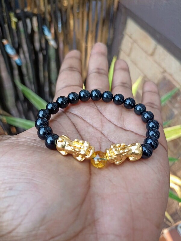 Double Pixui (Feng Shui) Obsidian, Citrine and elastic bracelet