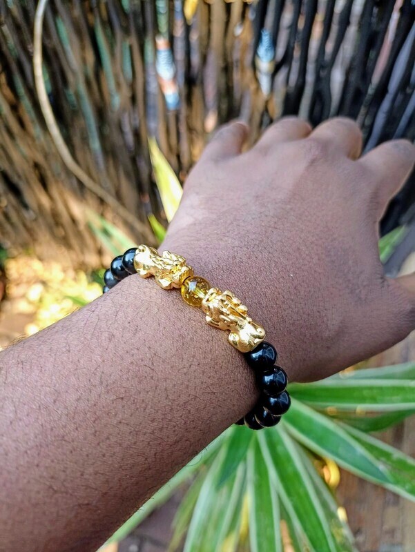 Double Pixui (Feng Shui) Obsidian, Citrine and elastic bracelet