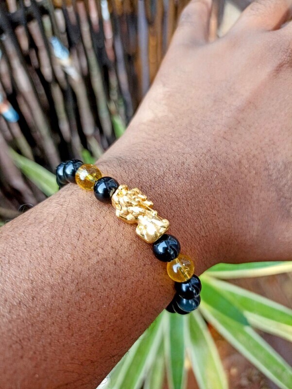Pixui (Feng Shui) Obsidian and Citrine elastic bracelet