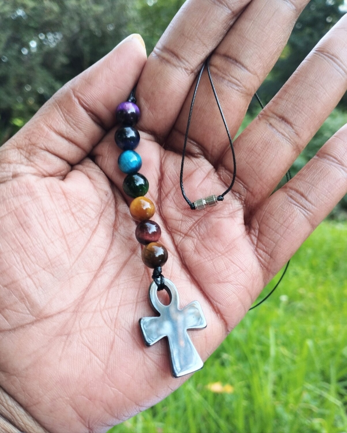 Double protection Hematite Ankh and Coloured Tigers eye necklace