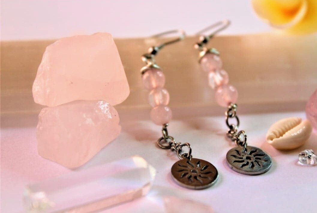 Rose quartz sun stainless steel earrings 