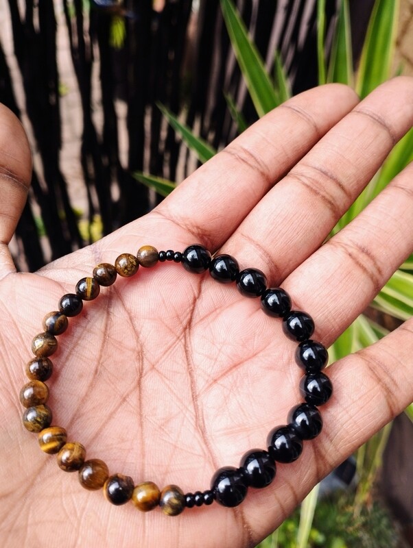 Tigers eye &amp; Black agate elastic or adjustable bracelet 