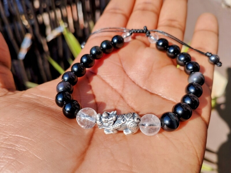Pixui Feng Shui (Sterling Silver) Obsidian &amp; Clear quartz adjustable 8mm bead bracelet
