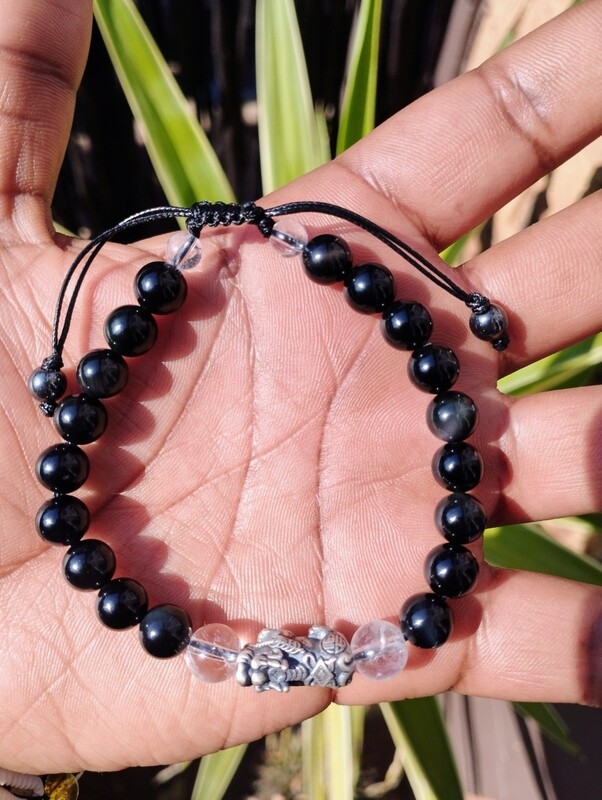 Pixui Feng Shui (Sterling Silver) Obsidian &amp; Clear quartz adjustable 8mm bead bracelet