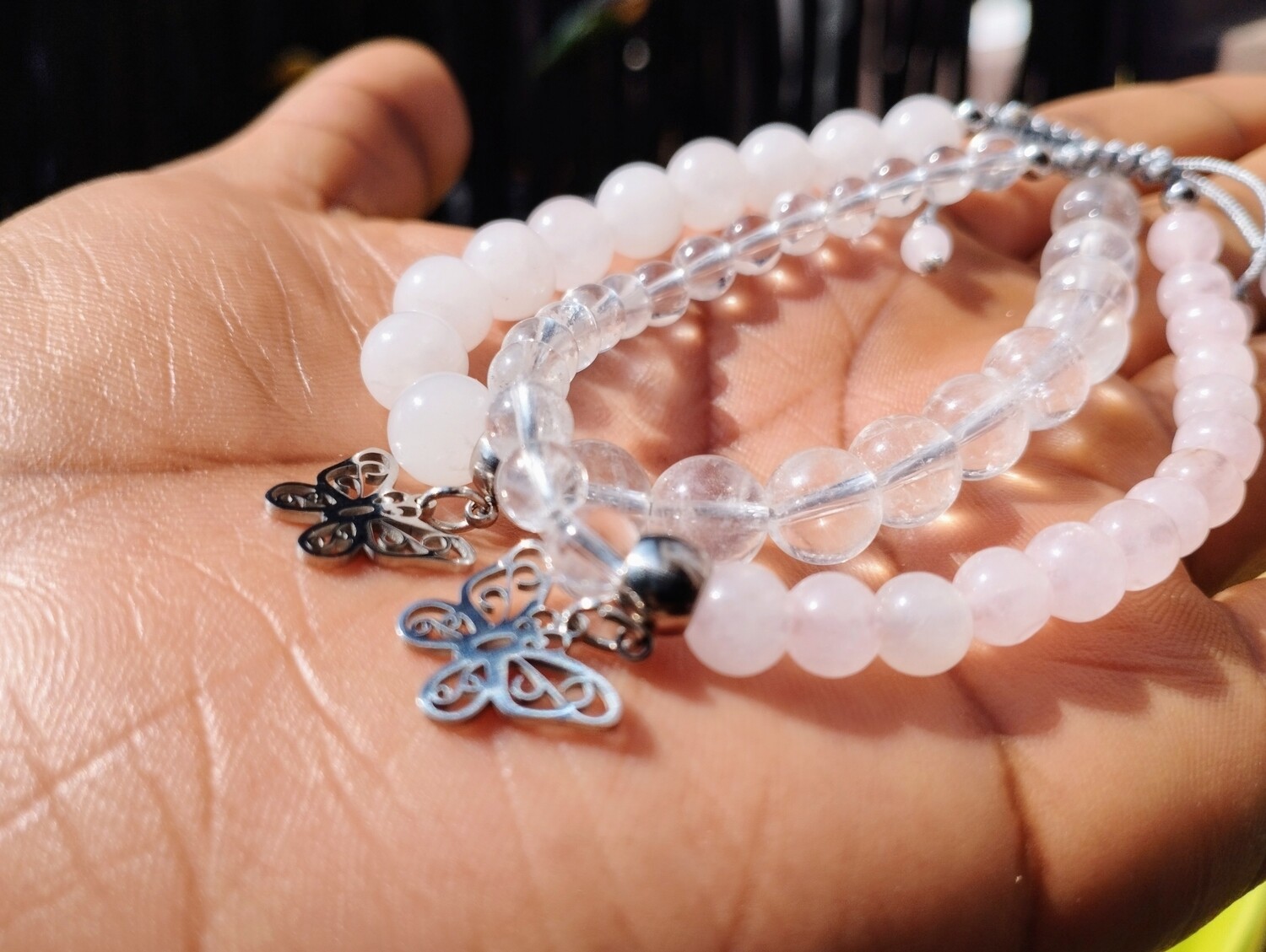 Rose &amp; Clear quartz 6/8mm bead Butterfly adjustable bracelet 