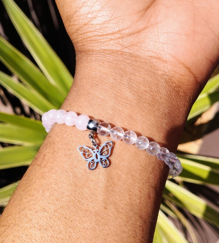 Rose &amp; Clear quartz 6/8mm bead Butterfly adjustable/elastic bracelet 