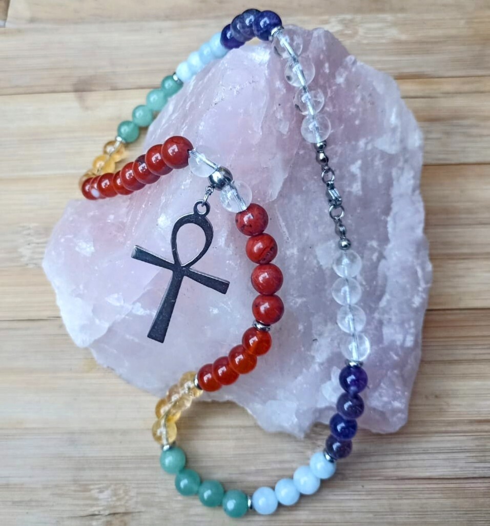 7 Chakra balancing bead necklace with ankh (for balance)