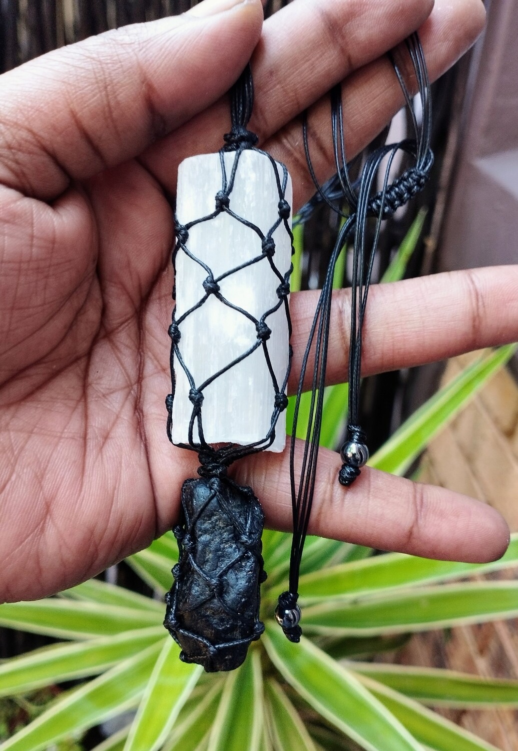 Selenite and Black Tourmaline Macrame hanging 