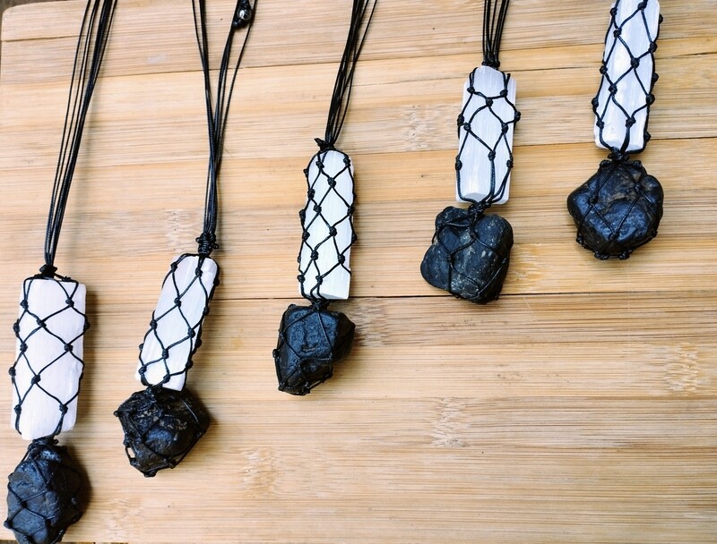 Selenite and Black Tourmaline Macrame hanging 