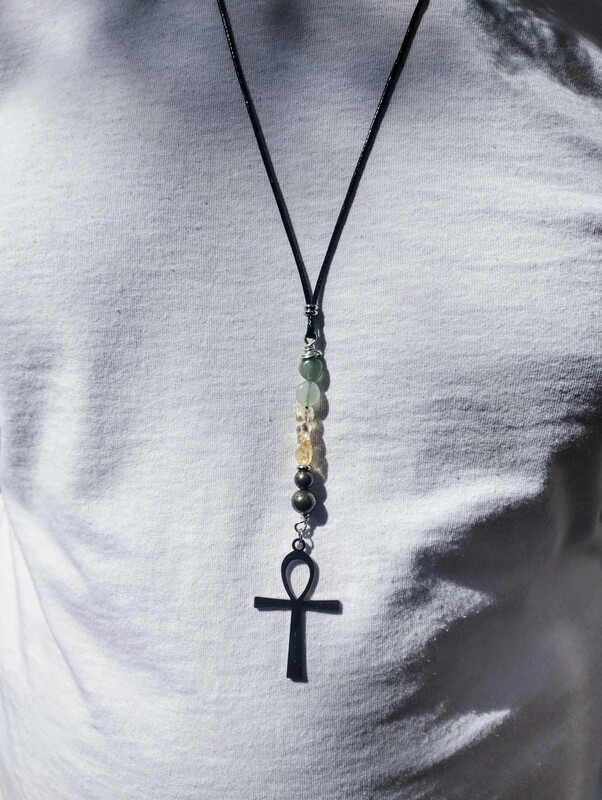 Citrine, Green Aventurine and Pyrite Necklace with Ankh