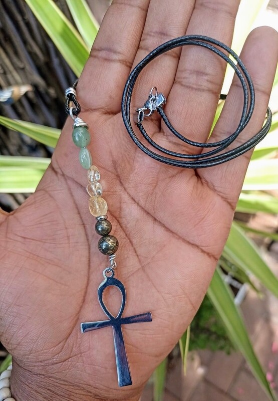 Citrine, Green Aventurine and Pyrite Necklace with Ankh