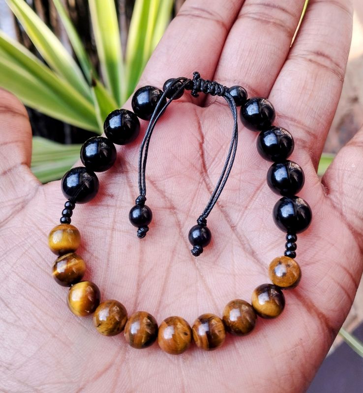 Tigers eye &amp; Black agate elastic or adjustable bracelet 