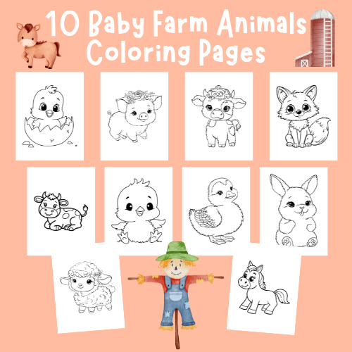 10 Baby Farm Animals Coloring Pages | Cute Printable Animal Coloring Sheets | Baby Lamb, Highland Cow, Pig, Horse, Duck, Bunny | Digital Download PDF