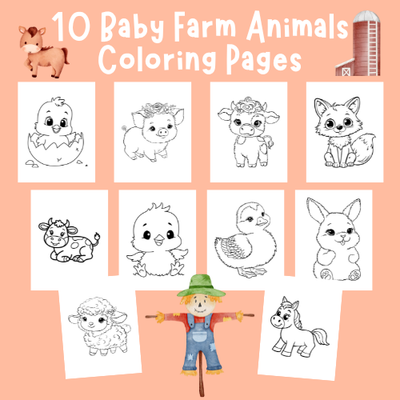 10 Baby Farm Animals Coloring Pages | Cute Printable Animal Coloring Sheets | Baby Lamb, Highland Cow, Pig, Horse, Duck, Bunny | Digital Download PDF