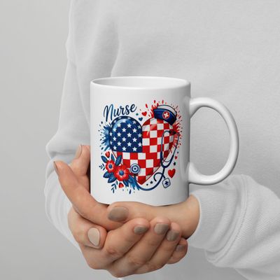 Patriotic Nurse Coffee Mug – USA Flag Heart Design – 11oz, 15oz, 20oz – Double-Sided Print