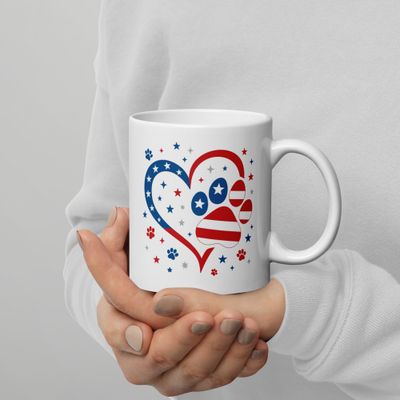 Patriotic Dog Paw Heart Coffee Mug – White Ceramic, Glossy, Dishwasher &amp; Microwave Safe – 11oz, 15oz, 20oz