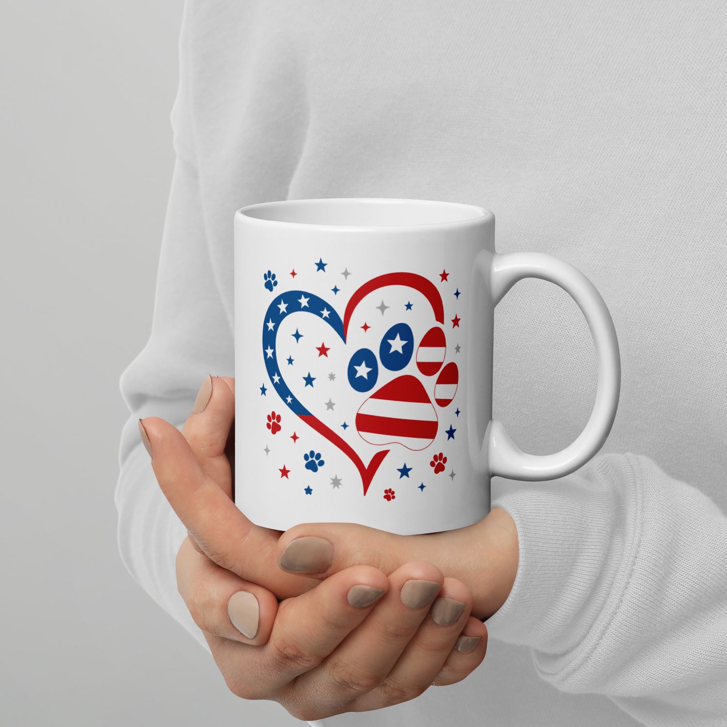 Patriotic Dog Paw Heart Coffee Mug – White Ceramic, Glossy, Dishwasher &amp; Microwave Safe – 11oz, 15oz, 20oz