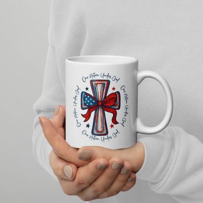 Patriotic &quot;One Nation Under God&quot; Cross Coffee Mug – White Glossy Ceramic – 11oz, 15oz, 20oz – Microwave &amp; Dishwasher Safe