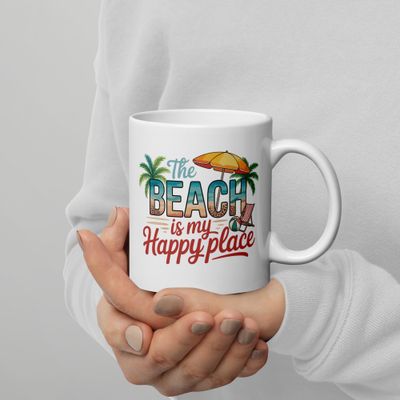 Beach Lover Ceramic Mug – &quot;The Beach is My Happy Place&quot; – 11oz, 15oz, 20oz