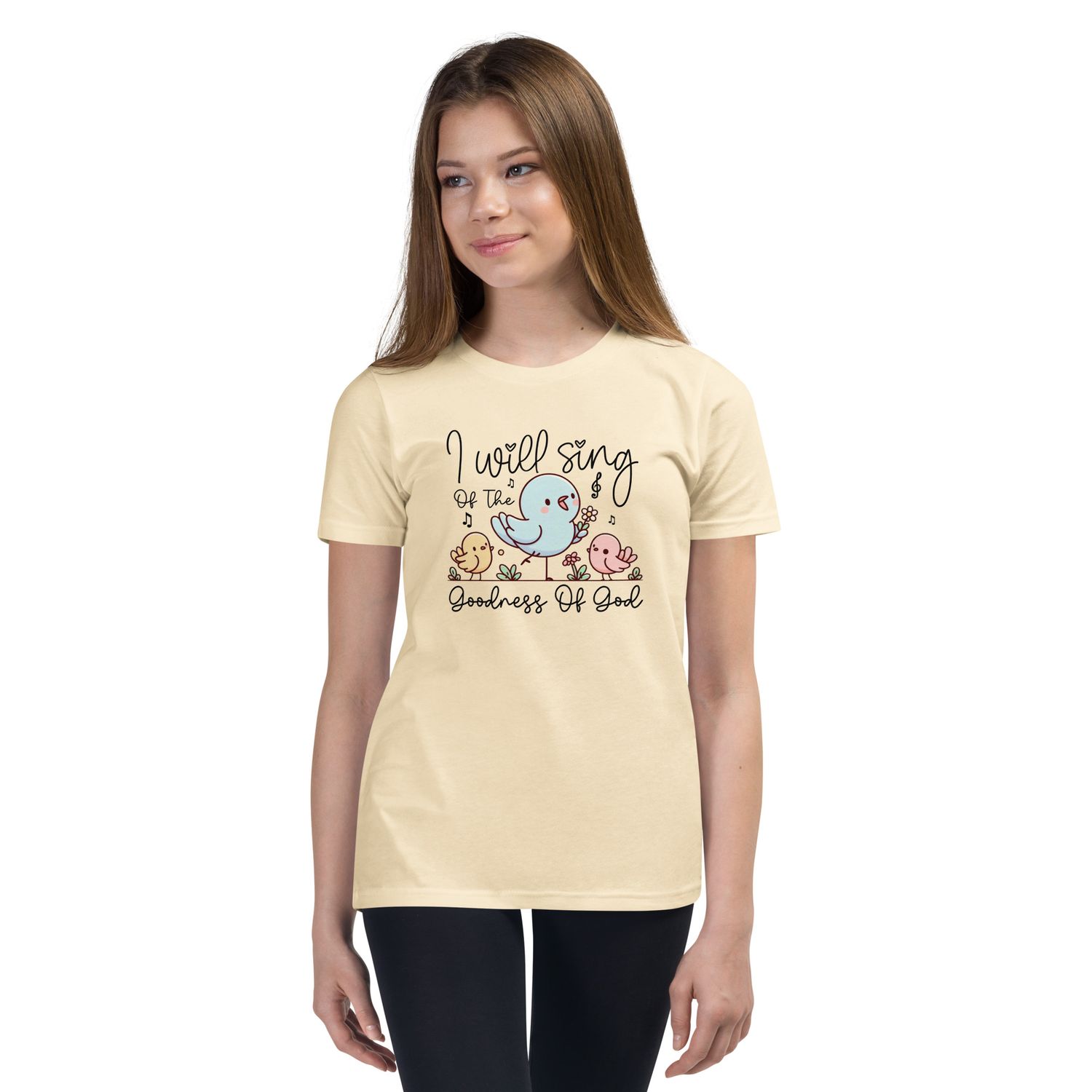 Youth Girls “I Will Sing of the Goodness of God” T-Shirt – Cute Singing Birds Christian Tee – White or Natural – Bible Verse Shirt for Girls