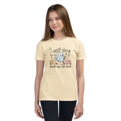 Youth Girls “I Will Sing of the Goodness of God” T-Shirt – Cute Singing Birds Christian Tee – White or Natural – Bible Verse Shirt for Girls