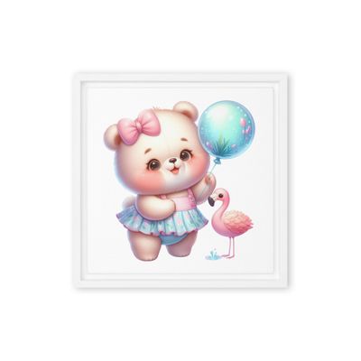 Adorable Baby Girl Bear with Skirt, Hair Bow &amp; Balloon Canvas Print – Cute Nursery Wall Art