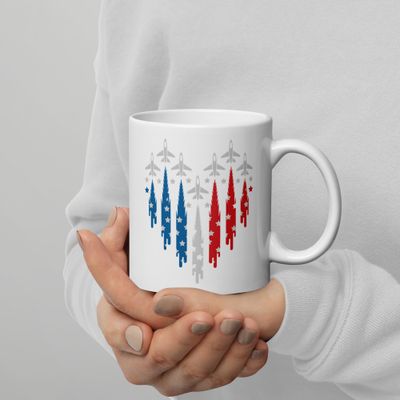 Patriotic Fighter Jet Coffee Mug – Red, White &amp; Blue Jet Trail Design – Glossy Ceramic – 11oz, 15oz, 20oz