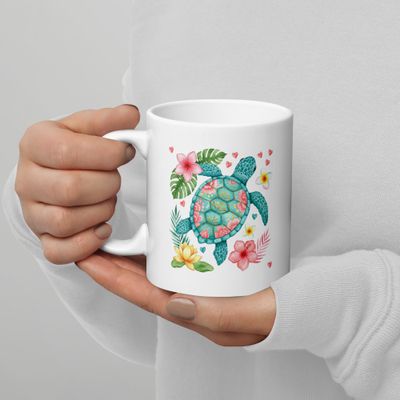 Floral Turtle Coffee Mug – White Glossy Ceramic Mug with Tropical Sea Turtle Design – 11oz, 15oz, 20oz – Microwave &amp; Dishwasher Safe – Ocean Animal Gift for Her